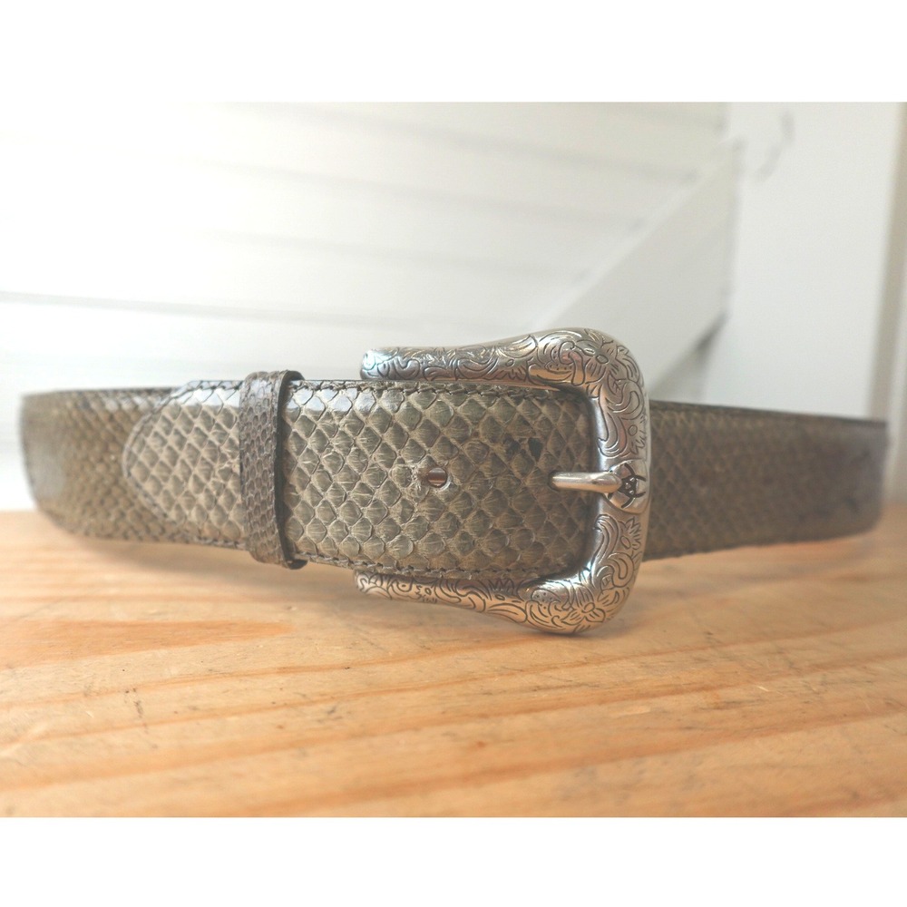 Vintage Snakeskin Belt Size 36 Gray Genuine Leather Removable Ariat Belt Buckle‎